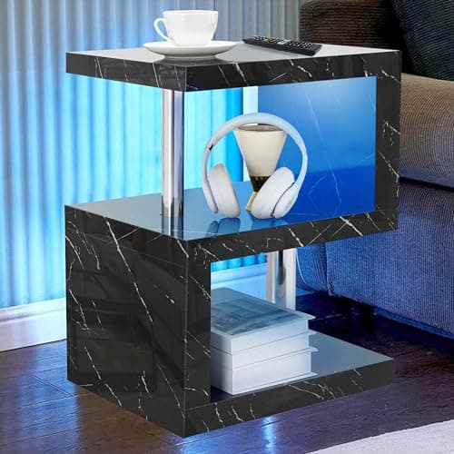 Image of Blisswood High Gloss Bedside Table, Small End Table with Storage Shelf Basket, Led Side Table Small Spaces, Slim Coffee Tables, Nightstand, Sofa Tables for Living Room, Bedroom (Black Marble)
