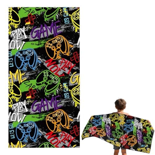 Image of Xheanxu Kids Beach Towel Gaming Theme, 150 x 75 CM Polyester Quick Dry, Super Absorbent Anti-Sand Swim Towels for Kids, Soft Skin-Friendly Boys Beach Towel, Suitable for Bathroom Pool Camping Travel