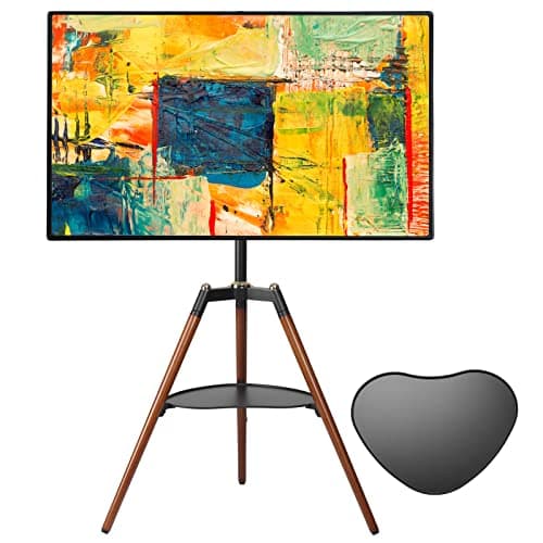 Image of ETHU Tripod Easel TV Stand for 32-65 Inch Television, Height Adjustable Swivel TV Floor Stand with Media Shelf & Solid Beech Wood Legs, VESA 400x400, Holds up to 40kg, Corner TV Stand for Living Room