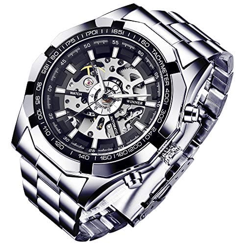Image of Gute Watch for Men,Men Automatic Mechanical Wristwatch Luminous Hands Skeleton Silver Black