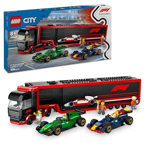 Image of LEGO City F1 Truck with RB20 & AMR24 F1 Cars - Car Transporter Toy for RB & Aston Martin Formula 1 Teams - Incl. 2 Drivers & Race Simulator - Gifts for 8+ Year Old Boys & Girls - 60445
