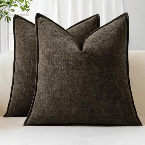 Image of Sungeek Set of 2 Soft Chenille Cushion Covers 50x50cm Square Decorative Throw Pillow Covers with Stitched Edge Solid Dyed Pillow Cases Covers for Home Decor Couch Sofa Bed Living Room, Brown