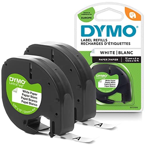 Image of DYMO LetraTag Paper Labels | Authentic | 12 mm x 4 m Roll | Black Print on White Labels | Self-Adhesive Multipurpose Labels for LetraTag Label Makers | 2 Count