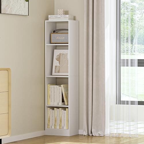 Image of Hzuaneri Bookcase, Tall Narrow Bookshelf, White Wooden Bookcase with Open Storage Shelf, for Living Room, Home Office, Bedroom, 4-Tier, White, BC09403X