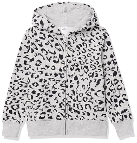 Image of Amazon Essentials Girls' Fleece Zip-Up Hoodie Sweatshirt, Light Grey Heather Animal, 6-7 Years