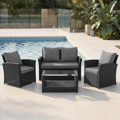 Image of EVRE 4 Seater Rattan Garden Conservatory Patio Furniture Sofa Armchair Roma Set with Glass Top Coffee Table Wicker Weave Sofa and Cushions (Black)