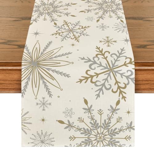 Image of Artoid Mode Beige Snowflakes Christmas Table Runner, Winter Xmas Kitchen Dining Table Decoration for Home Party Decor 40x240 cm