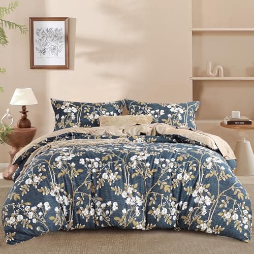 Image of DJY 3-Piece Reversible Duvet Cover Set Double Size- Blue Floral Leaves Bedding Set, Soft Wrinkle-Resistant Microfiber Bedding with Hidden Zipper (Double, 200x200cm)