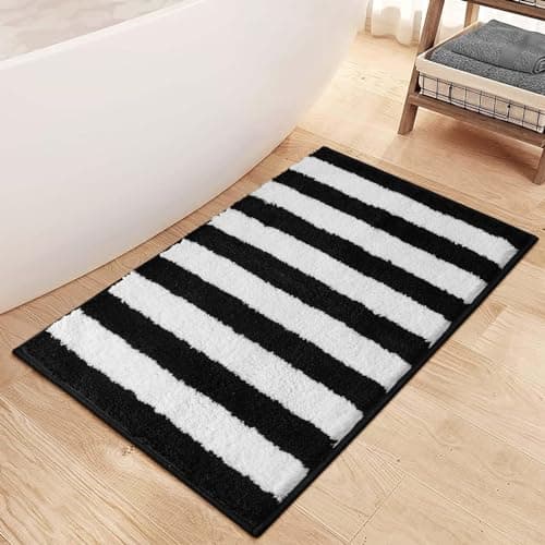 Image of Sivilife Black and White Striped Bath Mats, Non-Slip, Machine Washable, Soft, Thick Plush, Water Absorbent, Microfiber, Geometric Floor Mats