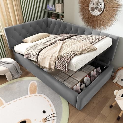 Image of Merax Single Grey Upholstered Bed, 3ft Single Day Bed Ottoman Bed with Hydraulic Storage, with two Installation Methods, Metal Slatted Frame, for Adults Children,Velvet/90x190cm(No Mattress)