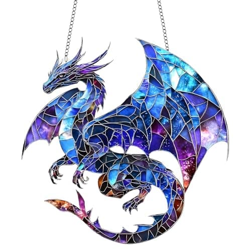 Image of Dragon Dreamcatcher Suncatcher, Mystical Dragon Acrylic Ornament Stained Glass Effect Window Hanging Colourful Fantasy Sun Catchers for Indoor Outdoor Windows Garden Home Decor（Blue）