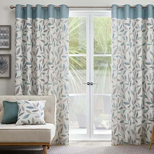 Image of Fusion Duck Egg Blue Leaf Curtains W66 x L54 (168x137cm) – 100% Cotton – 2 Panels – Eyelet – Floral Bedroom & Living Room Drapes – Beechwood Collection