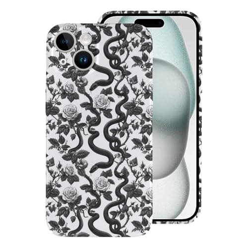 Image of Buewutiry Compatible with iPhone 15 Case Slim 6.1 Inch - Pc Rugged Black White Rose Snake Print Cell Phone Cases & Covers Compatible with iPhone 15 Phone Case for Women Men, Anti-Scratch Shockproof