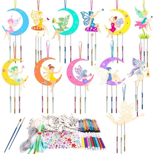 Image of Ainiv 12 Pack Fairy Craft Kit, DIY Wooden Fairy Windchimes Crafts Kit, DIY Arts and Crafts for Gifts Crafting Party Activities Home Window Garden Decor