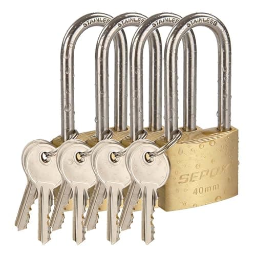 Image of SEPOX® Marine Grade Outdoor Solid Brass Padlocks Keyed Alike, 4Pack 40mm Heavy-Duty Lock Weather Proof, SUS304 Stainless Steel Long-Shackle, Rust Proof for Warehouse Garage Shed