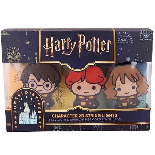 Image of Fizz Creations Harry Potter 2D Character String Lights. Iconic Characters Harry, Ron, and Hermione. Cute Chibi Design. Warm White LEDs with a 2.5m Cord USB Powered. Officially Licensed.