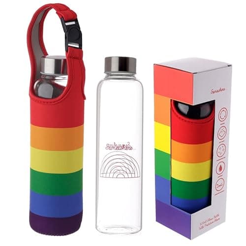 Image of Puckator Somewhere Rainbow Reuable Glass Water Bottle with Protective Neoprene Sleeve