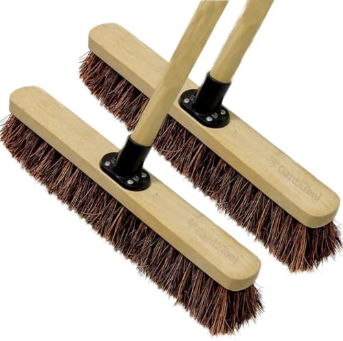 Image of [1] 18” Stiff Broom Outdoor Heavy Duty with Wooden Handle Natural Bassine Hard Bristle Yard Brush Factory Warehouse Floors Commercial and Industrial Broom Strong Wooden Brush (1Pack)