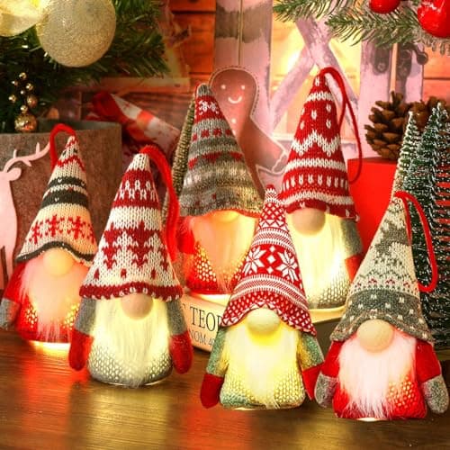 Image of Johiux 6 Pieces Christmas Tree Decorations LED Gnomes Hanging Ornaments, Gnomes with Led Light Xmas Decorations Gonks Christmas,Swedish Nordic Indoor Decoration Holiday Decor.
