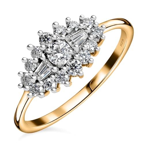 Image of TJC Moissanite Cluster Boat Ring for Women 925 Sterling Silver, 18K Vermeil Yellow Gold Plated, Baguette & Round Stone Gold Ring, Statement Engagement Ring Jewellery Ring Size Q