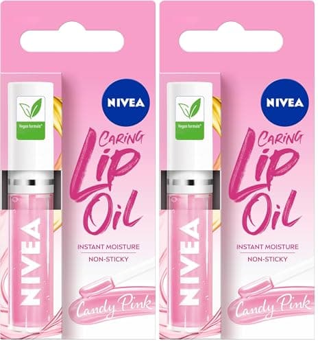 Image of NIVEA Candy Pink Lip Oil (5.5ml), Moisturised Lips With 100% Natural Oils Including Jojoba Oil, Long Lasting and Non-Sticky Lip Gloss (Pack of 2)