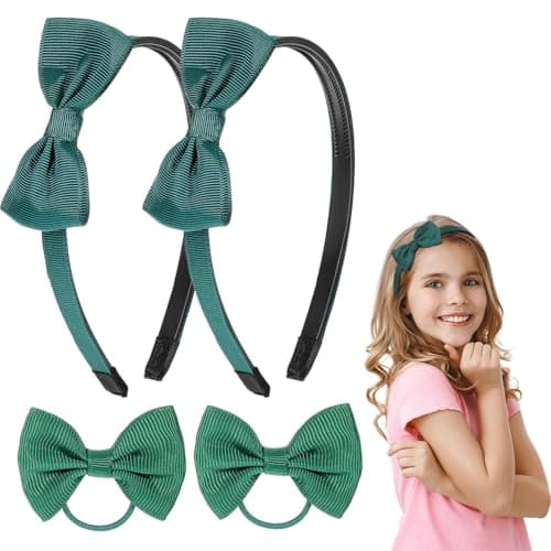 Image of Oruola 2pcs School Bows Green Headband Alice Bands,Green Girls School Hair Accessories Kit,Greens Hair Band with 2 Ribbon Bow Hairs Barrettes for Little Girl Toddlers Teens Birthday Present