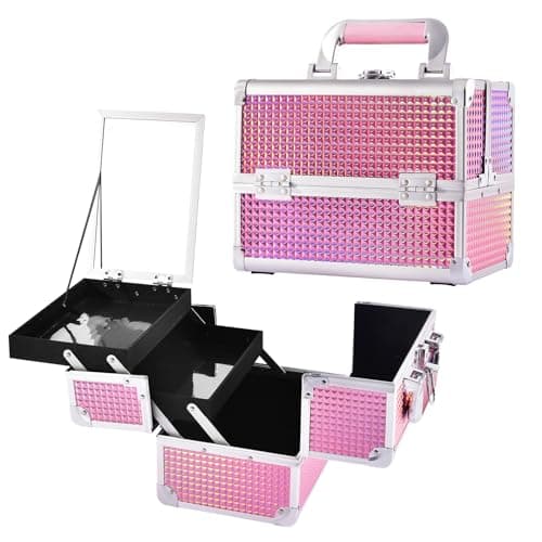 Image of Joligrace Vanity Case Makeup Box Nail Polish Organiser Beauty Storage Make Up Organiser Jewellery Box with Mirror, Lockable with Keys, Holographic Pink