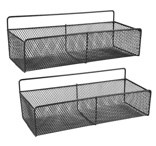 Image of Gzsekken Black Wire Basket, 2 Pack Wall Mounted Metal Storage Shelf, No Drilling Self-Adhesive Organiser for Bathroom, Kitchen, Cabinets, Pantry
