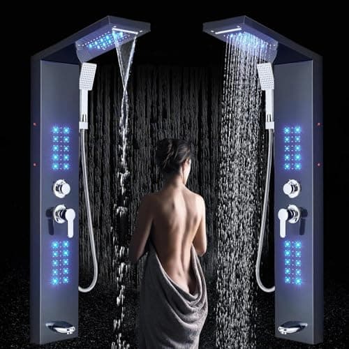 Image of Zamery Shower Panel Tower Stainless Steel LED 5 in 1 Shower SystemBathroom Tower Wall-Mounted with Waterfall, Rainfall Shower Head 2 Body Massage,Black