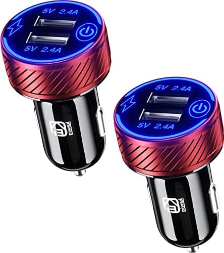 Image of KEWIG Cigarette Lighter USB Charger, Dual USB Port Fast USB Adapter Car, 5 V/4.8 A Car Charger Compatible with Blue LED & Touch Switch (Red)
