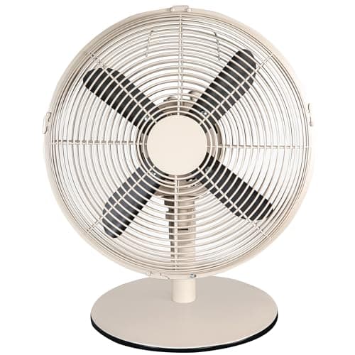 Image of Russell Hobbs 12” Metal Desk Fan in Greige (Grey/Beige), 3 Speed Settings, Lightweight and Compact, Tilt and Oscillating Features, 4 Curved Blades, Up to 2 Years Guarentee, RHMDF1201GR