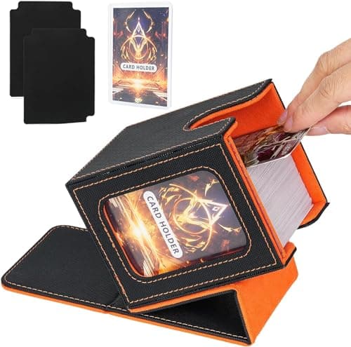 Image of IVODEELA Card Deck Box for MTG Commander,Magnetic Card Display Case with two Dividers,TCG Card Storage Box,PU Leather Trading Card Storage Box Holds 100 Double-Sleeved Cards,Black Orange