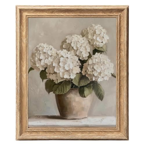 Image of ASTRDECOR Framed Vintage Floral Wall Art, White Hydrangea Flower Canvas Painting with Wood Grain Frame, Flowers Painting Picture, Rustic Wall Decor Gifts for Friends or Family, 9x12in