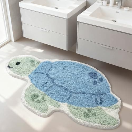 Image of Jnidesier Cute Animal Non-Slip Bathroom Rugs, Plush Absorbent Bath Mats for Bathroom, Ideal for Shower Sink Bathtub Room Decor, 20"x33", Blue Sea Turtle
