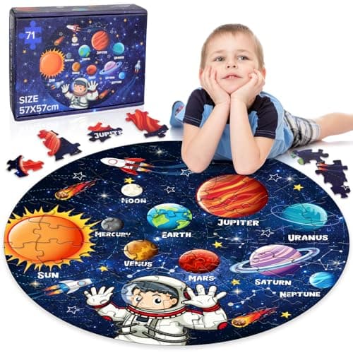 Image of Solar System for Kids, 71 Piece Space Jigsaw Floor Puzzle for 3+ Year Olds, Giant Round Space Jigsaw Puzzles Boys Girls, Presents Jigsaw Puzzle Games, Kids Jigsaw Puzzles age 3-8, Solar System Toy
