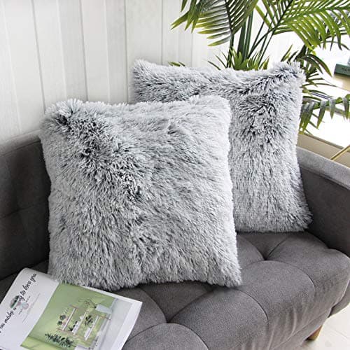Image of Uhomy 2 Packs Fluffy Plush Pillow Cover 20"x20", Fall Winter Home Decorative Luxury Gray Soft Fuzzy Faux Fur Throw Pillow Cover Cushion Case for Sofa Bed, Gray Ombre 50x50 cm Two Sides Fur