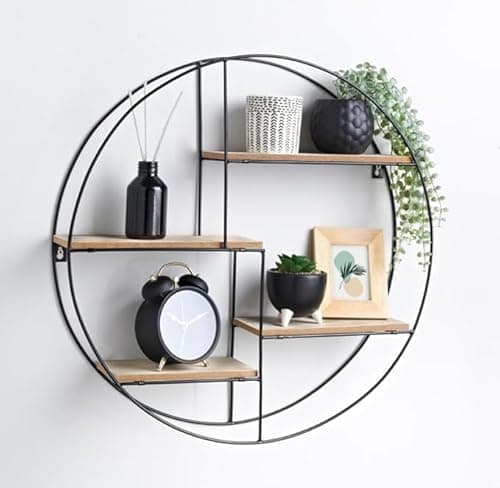 Image of M&H Round Multi-Section Shelf, Circular Wall-Mounted Shelf with Metal Frame and Wooden Boards, Hanging Shelf, Metal Wire Storage Shelves, Floating Shelves For Living Room, Kitchen and Bedroom.