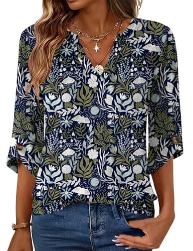 Image of Rapbin Tops for Women UK 3/4 Length Sleeve Tunics Blouse Summer Fall V-Neck T Shirts Casual Loose Clothes Navy Floral L