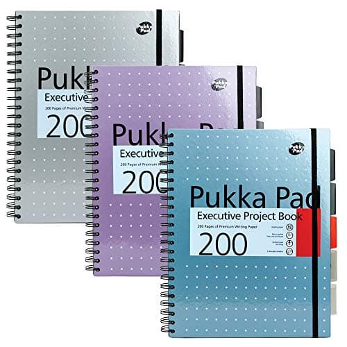 Image of Pukka Pad, A4+ Metallic Executive Project Book 3 Pack – 22.5 x 29.6cm – 200 Page Hardback Wirebound Notebook with 8mm Lines and 80GSM Paper – Includes Repositionable Dividers with Pocket - 200 Pages