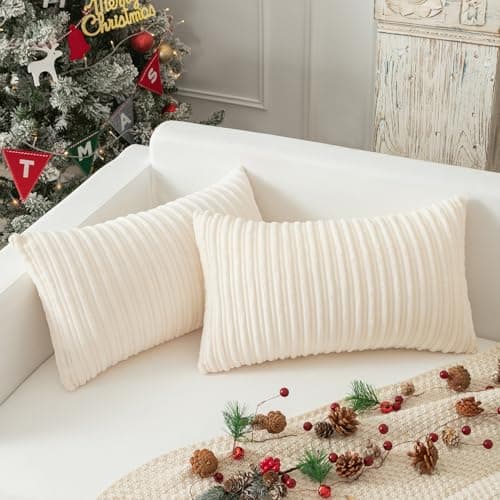 Image of Kevin Textile Corduroy Cushion Covers 30 x 50 cm Set of 2, Soft Stripe Decorative Rectangular Lumbar Cushions Covers 12x20 Inch with Invisible Zipper for Chair Couch Sofa Bedroom, Cream White