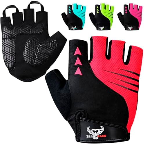 Image of BEAST RAGE Half Finger Cycling Gloves for Men & Women – Padded, Breathable, Anti-Slip Fingerless Bike Gloves, Shock-Absorbing MTB Road Bicycle Gloves for Summer Riding & Fitness (RED, M)