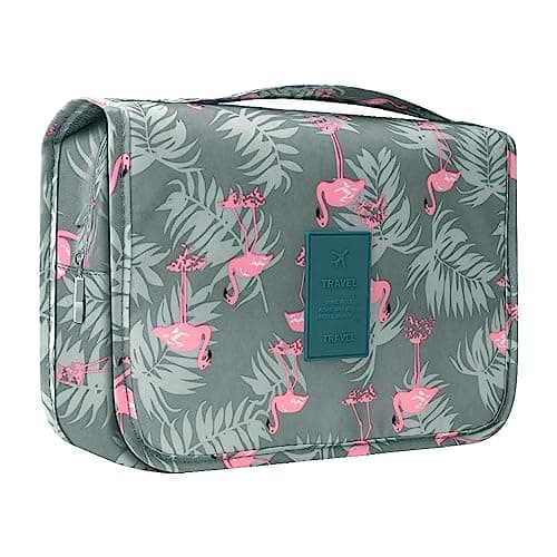 Image of Hanging Toiletry Bag, Travel Wash Bag Womens Cosmetic Bag Waterproof Shaving Bag Toiletries, Shower Bathroom with Handle (Flamingo)