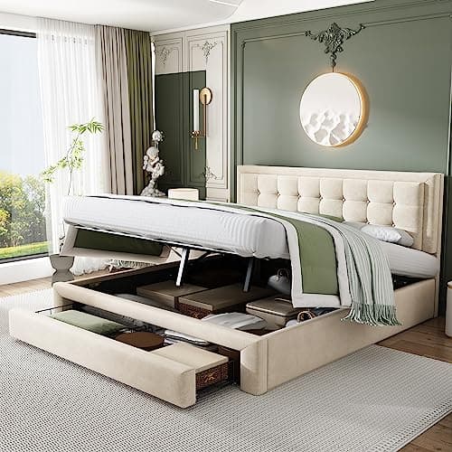 Image of Kayan Upholstered Super King Size Bed, 180 x 200cm Ottoman Storage Bed with Hydraulic Lever and Drawer, Large Storage Space, Velvet Fabric Ottoman Lift Up