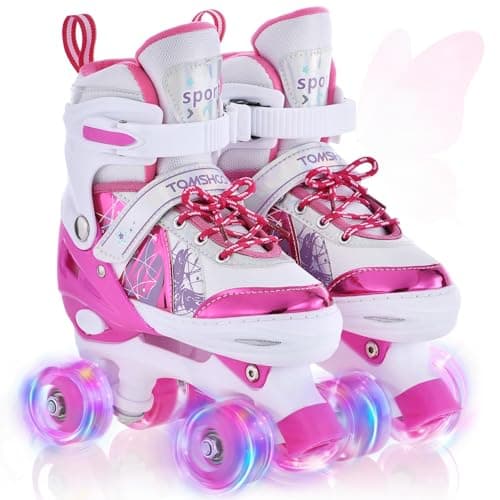 Image of TOMSHOO Roller Skates for Girls Boys Kids Roller Skates 4 Sizes Adjustable Quad Skates With Light Up Wheels Roller Boots for Indoor Outdoor Birthday Gift (Pink, Small(UK 11-13.5))