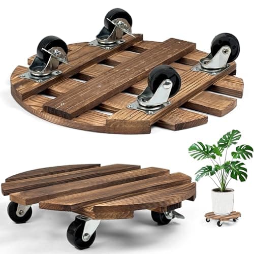 Image of RUHUHUR 2 Pack Wooden Plant Caddy with Wheels,30cm Round Rolling Plant Stand with Metal Lockable Caster Wheels,Heavy Duty Mobile Plant Holder Plant Dolly for Indoor Outdoor Garden Decor