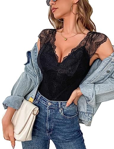 Image of Aranmei Bodysuit for Women Sexy Lace Body Suit Sleeve Ladies Sexy Leotard Top with Snap Closure Going Out Casual Top Bodysut, Black, L