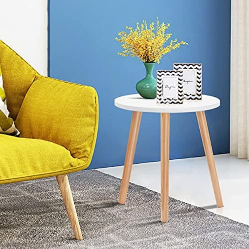 Image of COSTWAY Round Coffee Table, Small Side Table Cocktail Tea Desk, Nightstand Bedside Sofa End Table for Living Room, Bedroom and Balcony (White+Natural, Round with Solid Wood Legs)