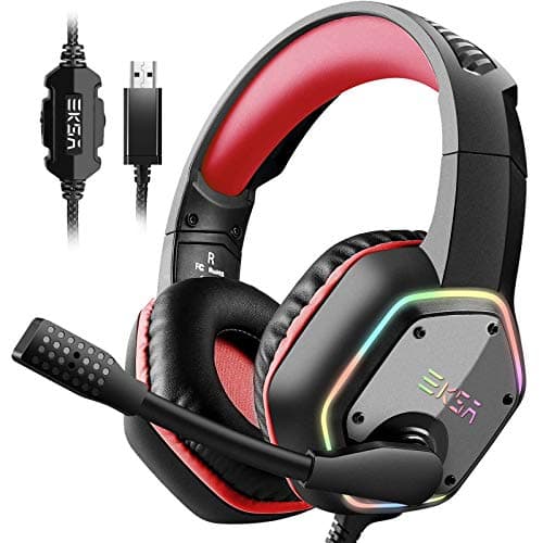 Image of EKSA E1000 USB Gaming Headset for PC - Computer Headphones with Microphone/Mic Noise Cancelling, 7.1 Surround Sound Wired Headset & RGB Light - Gaming Headphones for PS4/PS5 Console Laptop (Red)