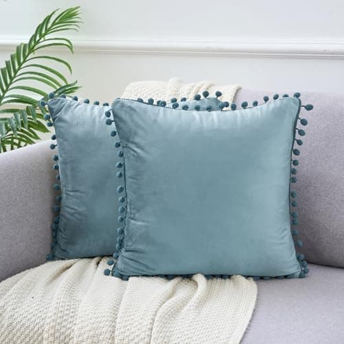 Image of Uxcell Pack of 2 Velvet Throw Pillow Covers with Pompoms Decorative Pillow Cases Fringe Cushion Covers Velvet Square Sham for Farmhouse Bedroom Living Room Blue 45 x 45 cm
