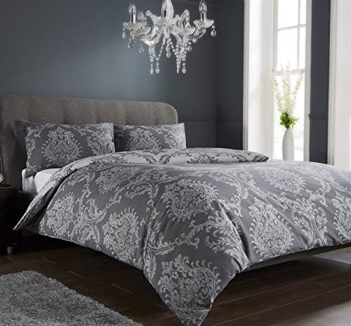 Image of Olivia Rocco Royal Damask Duvet Cover Set Easy Care Quilt Covers With Pillowcases Cotton Rich Reversible Bedding Bed Linen Sets (Grey, Double)